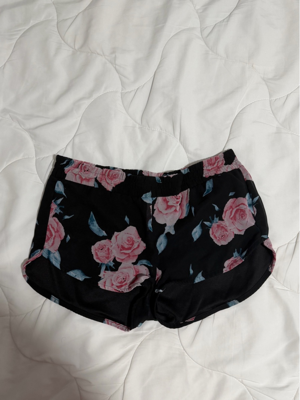 Black Floral  Shorts - Pink Rose Print